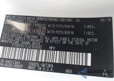 2018 Toyota Sequoia Sr5 from USA, damaged, VIN 5TDBY5G17JS163692